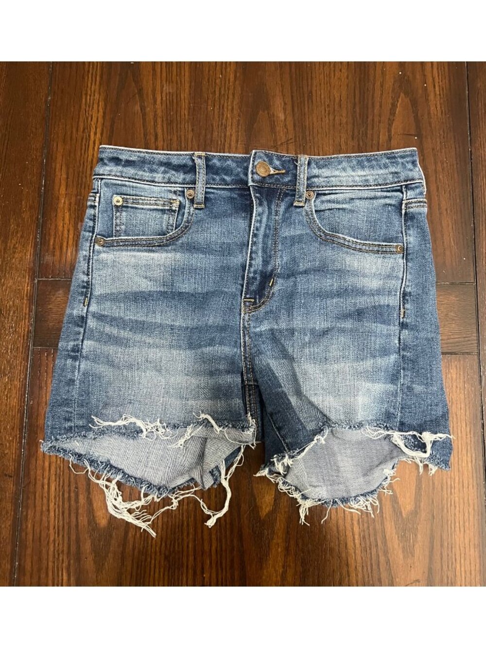 American Eagle Super Hi-Rise Shortie raw Hem Denim Jeans Cut Off Stretch 4